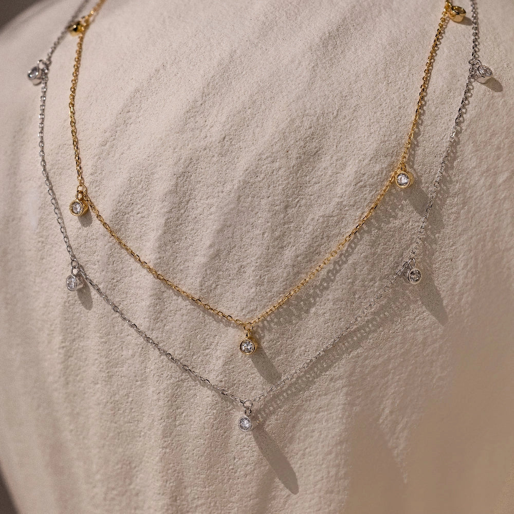 Diamond Station Necklace Silver 18K Gold Plated