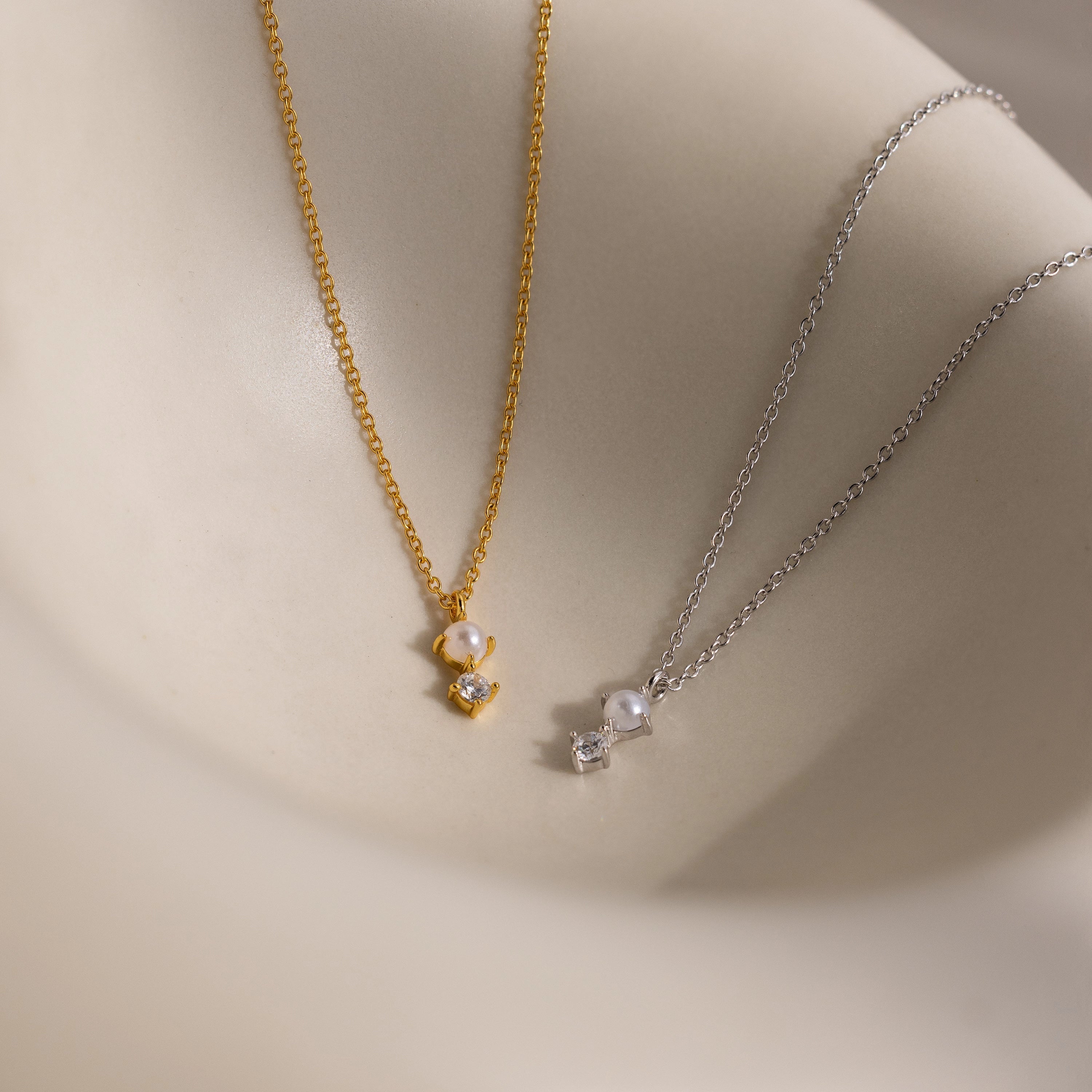 Diamond Pearl Drop Necklace Silver 18K Gold Plated