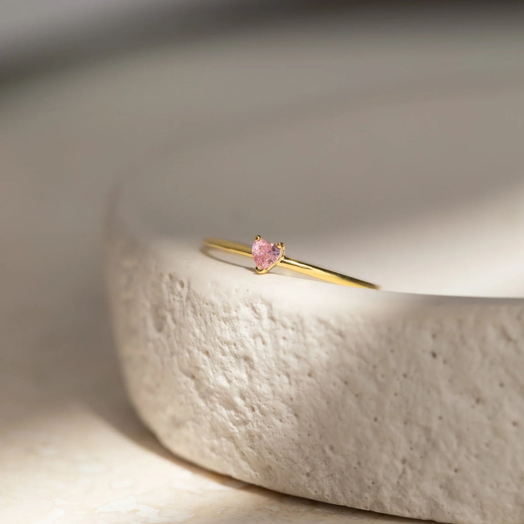 Tiny Heart Birthstone Ring Silver 18K Gold Plated