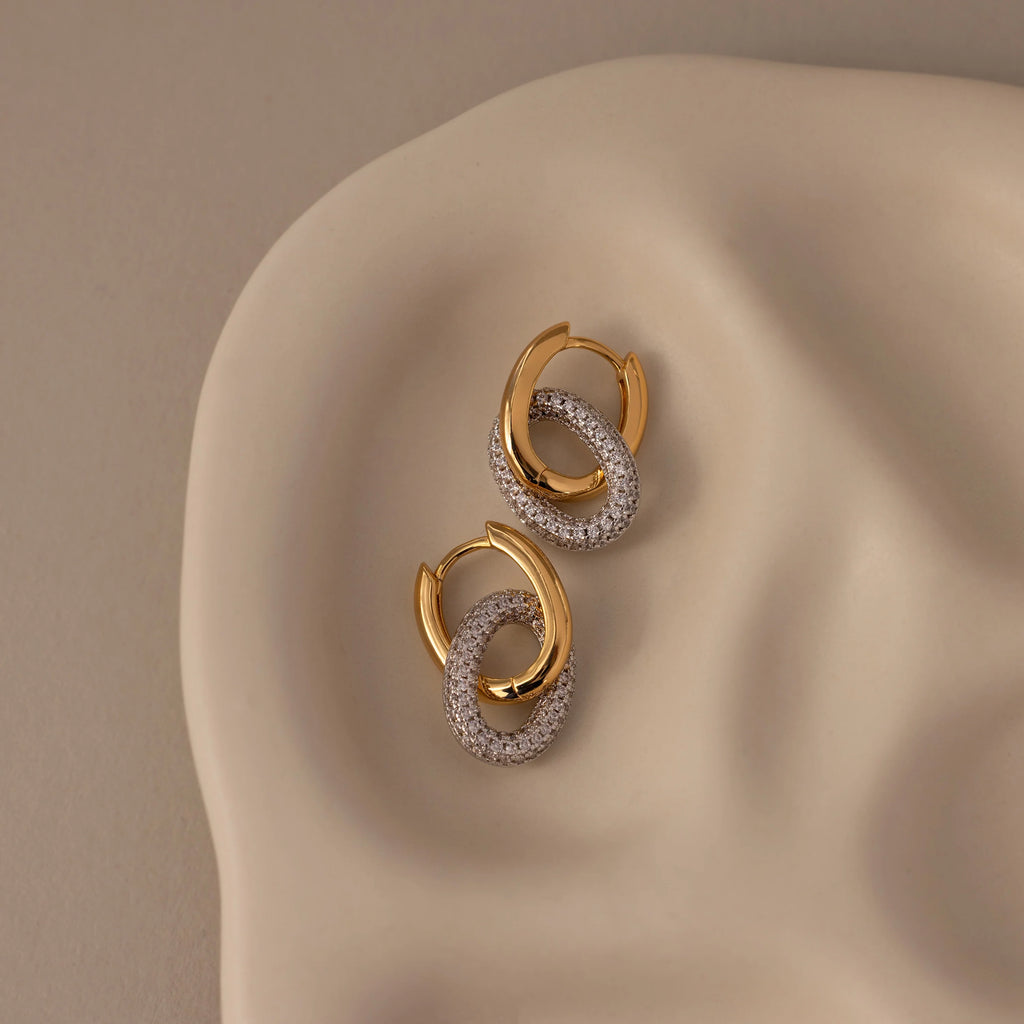 Mixed Metal Linked Pave Diamonds Hoops Silver 18K Gold Plated