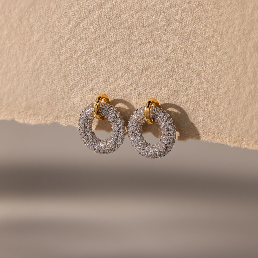 Mixed Metal Pave Circle Studs Silver 18K Gold Plated