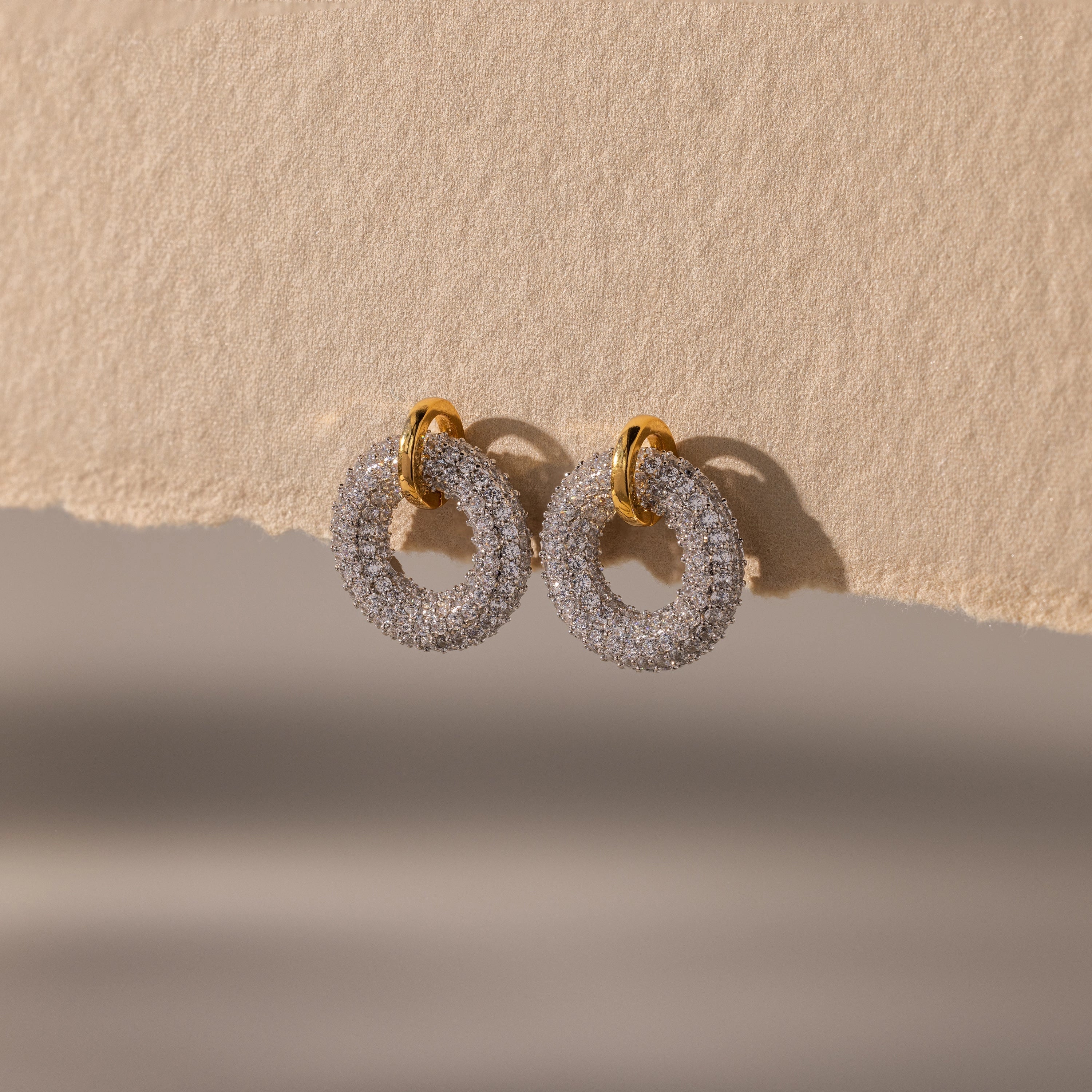 Mixed Metal Pave Circle Studs Silver 18K Gold Plated