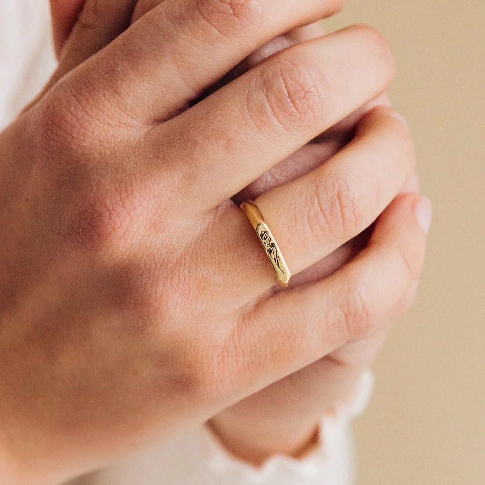 Thin Birth Flower Signet Ring Silver 18K Gold Plated