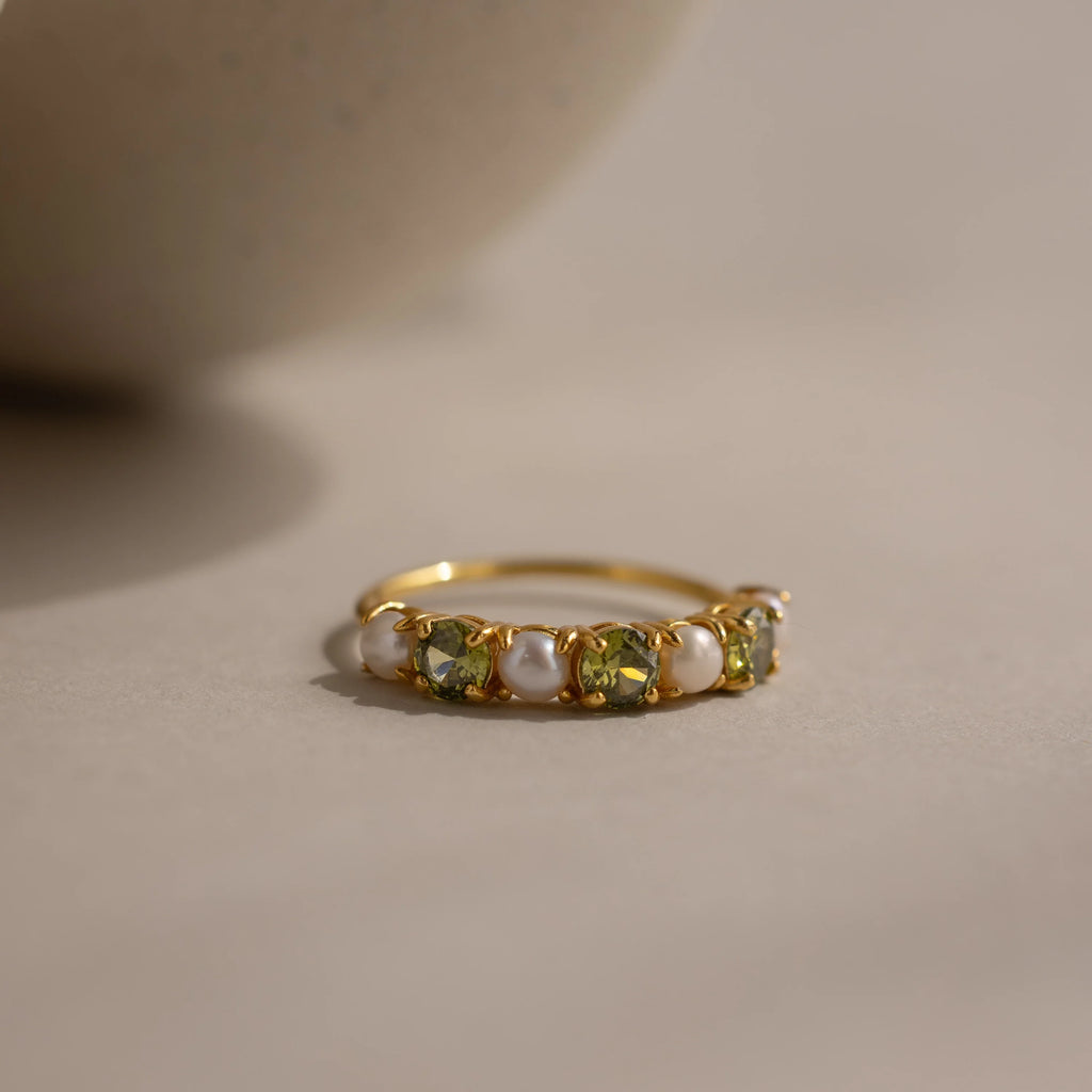 Peridot & Pearl Lace Ring Silver 18K Gold Plated