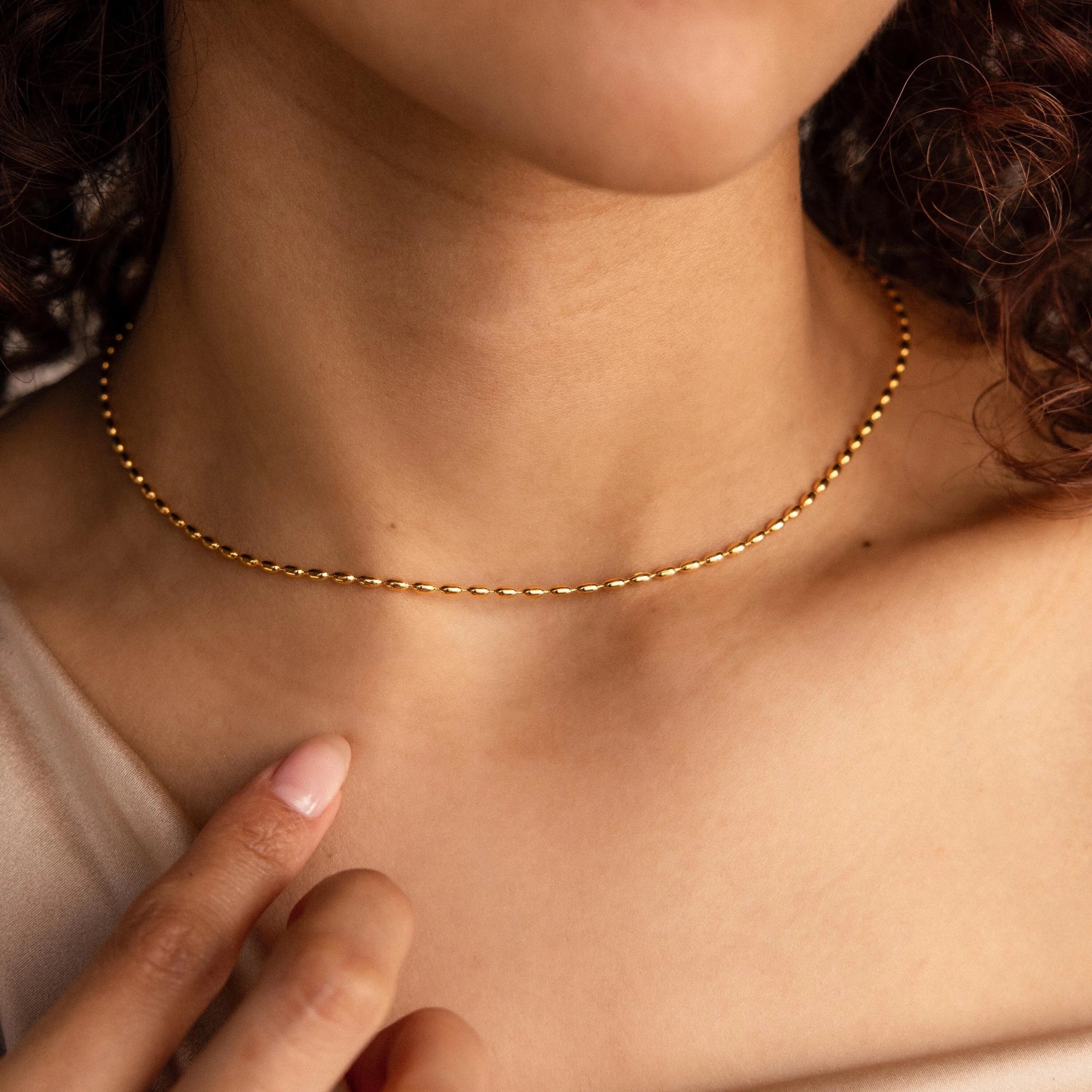 Oval Beaded Necklace Silver 18K Gold Plated