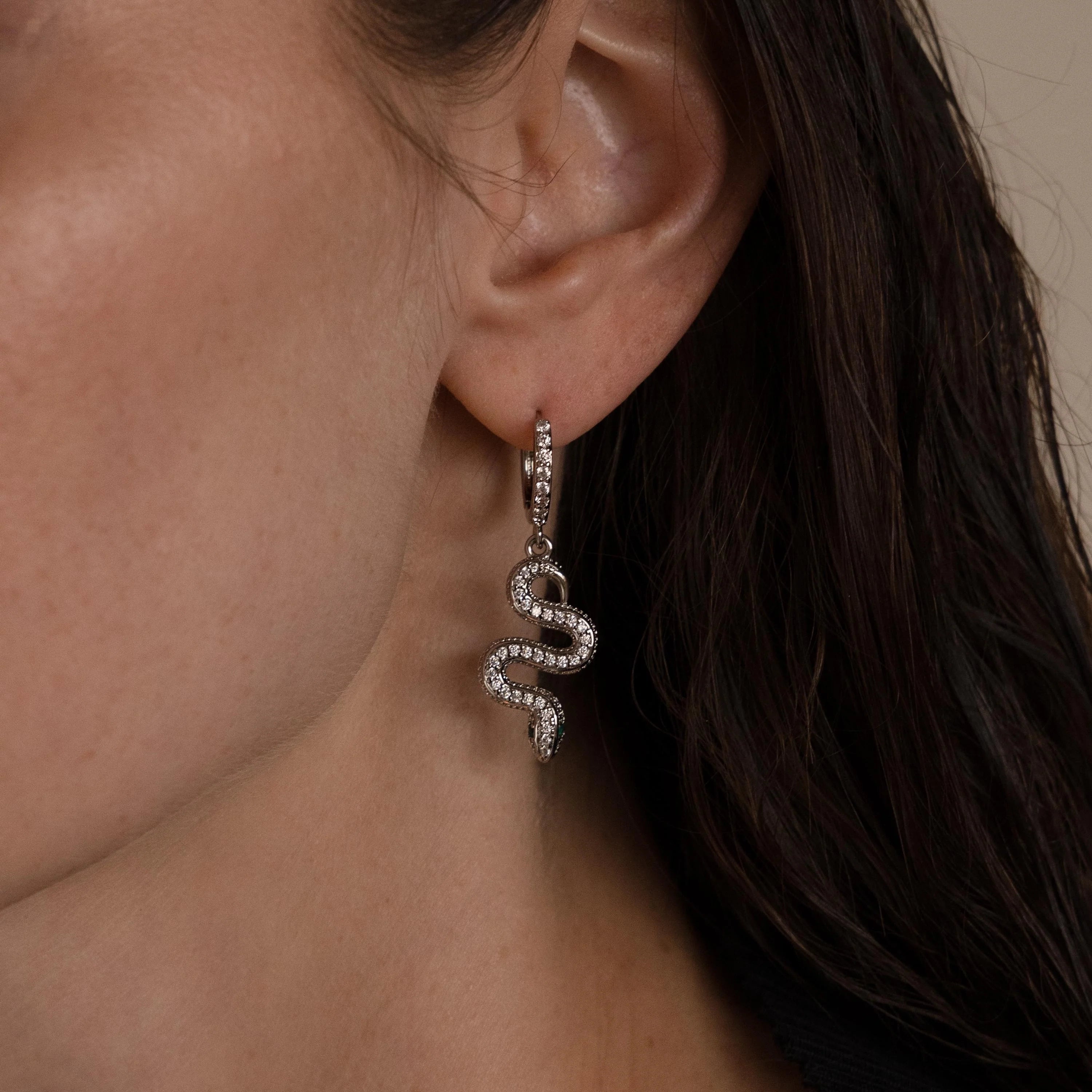Pave Snake Charm Hoops Silver 18K Gold Plated
