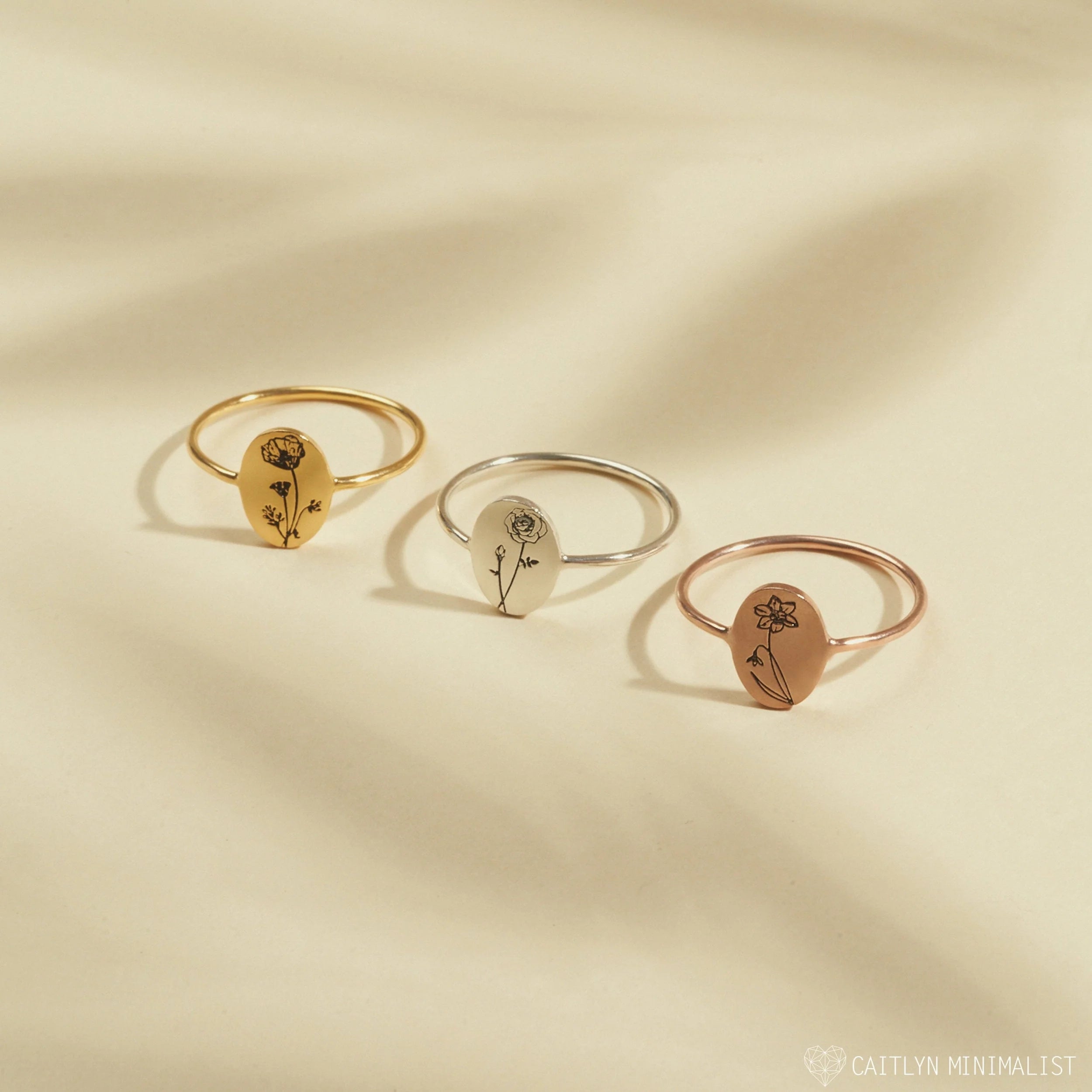 Birth Flower Oval Ring Silver 18K Gold Plated