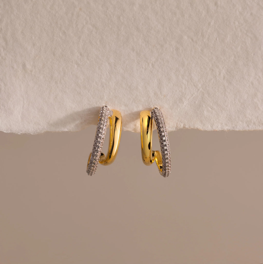 Diamond Mixed Metal Duo Pave Hoops Silver 18K Gold Plated