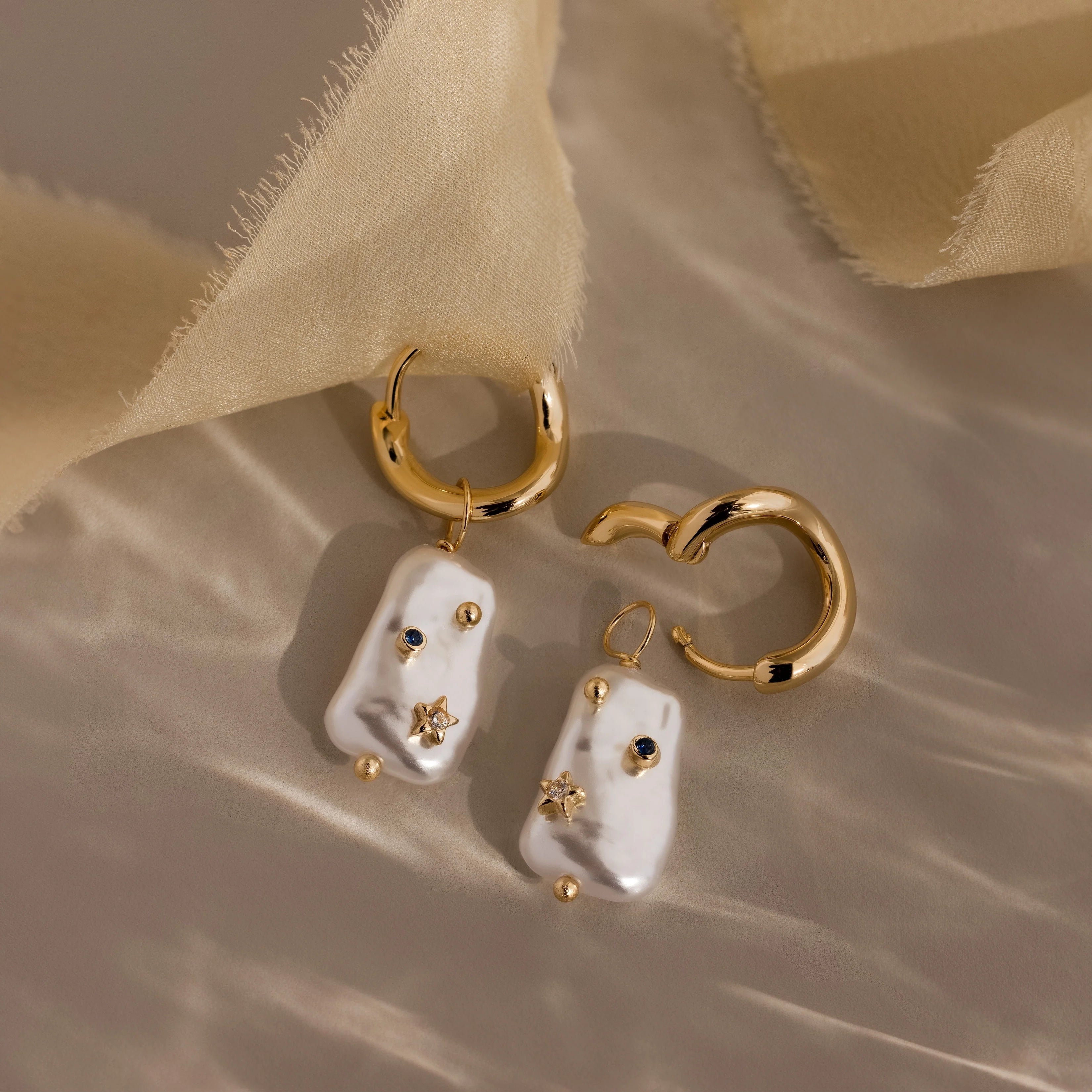 Starry Baroque Pearl Charm Hoops Silver 18K Gold Plated