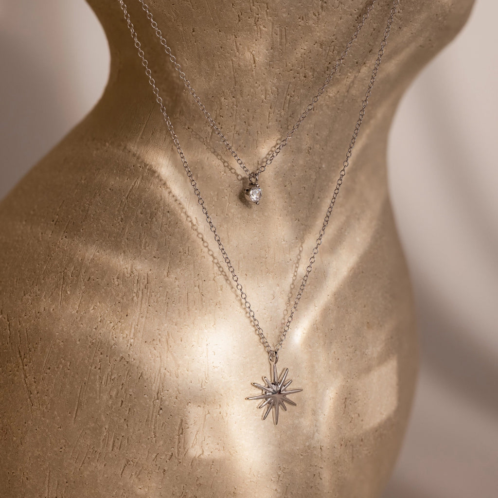 Diamond Starburst Duo Necklace Silver 18K Gold Plated