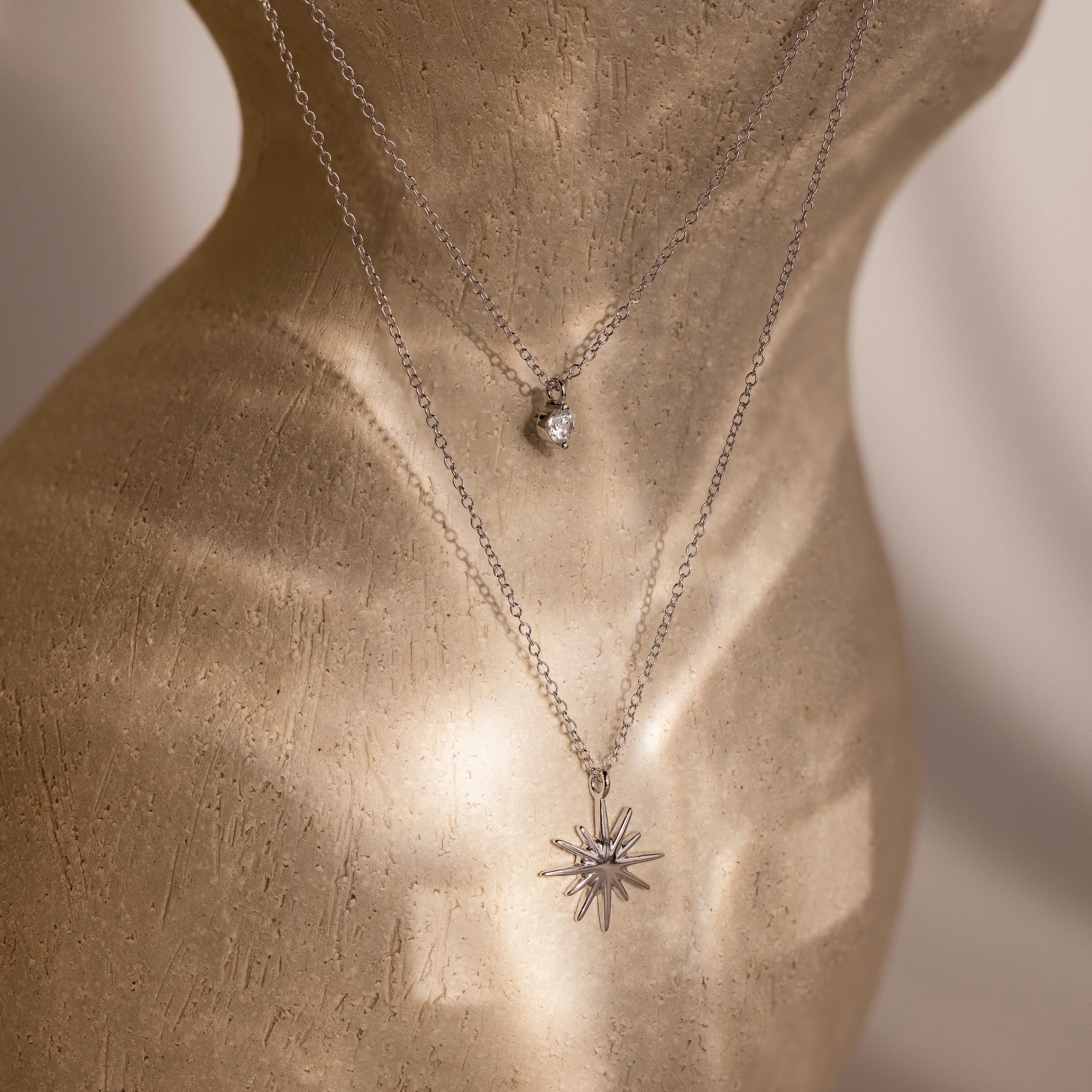 Diamond Starburst Duo Necklace Silver 18K Gold Plated