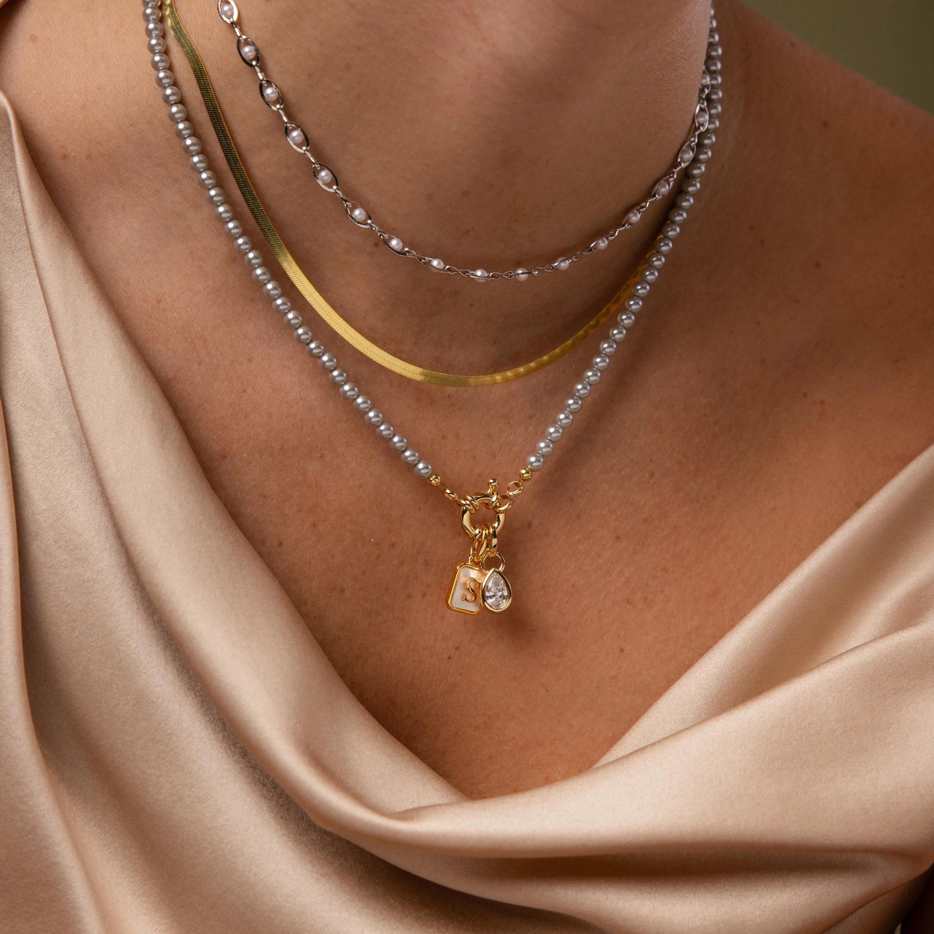 Grey Pearl Charm Necklace Silver 18K Gold Plated