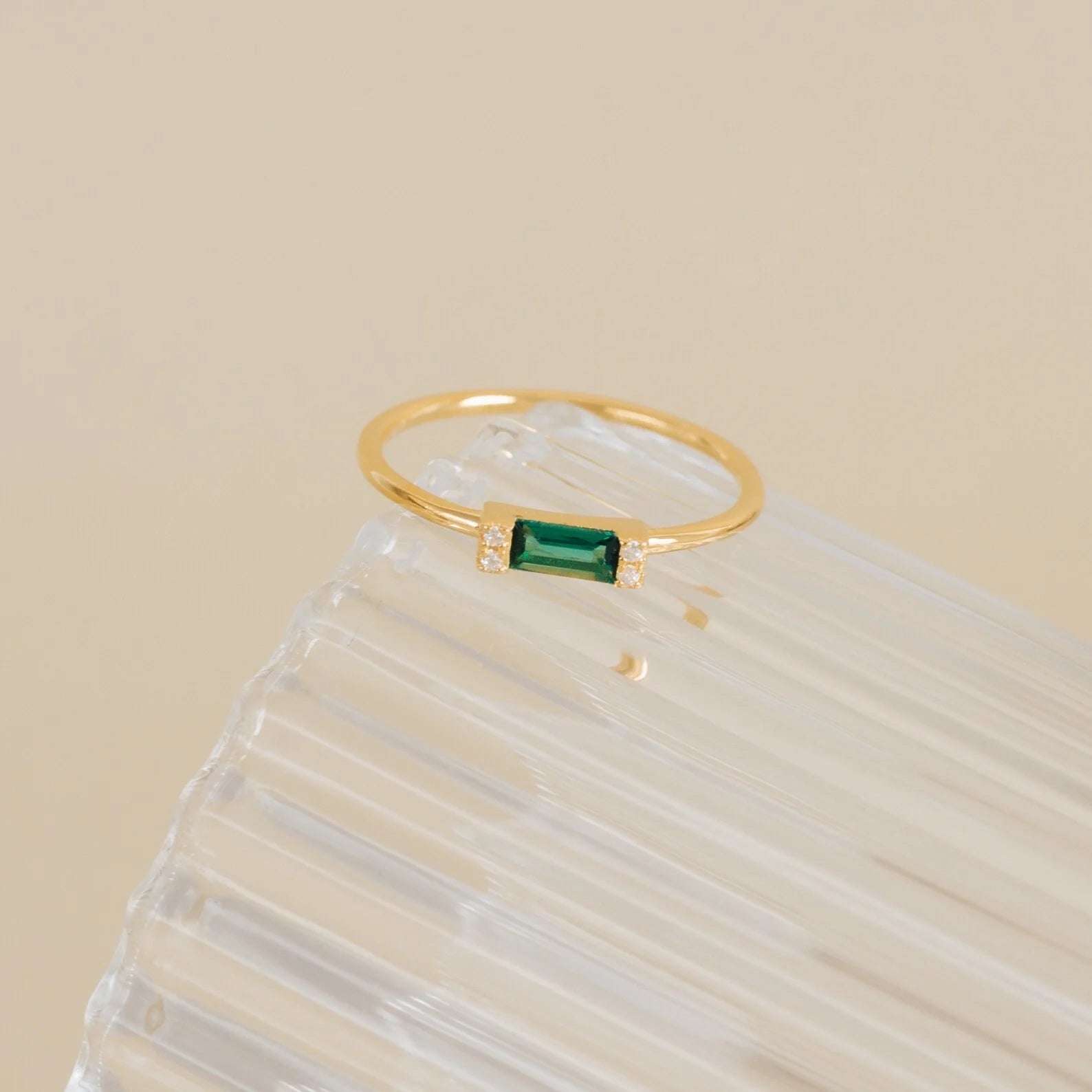 Baguette Cut Emerald Ring Silver 18K Gold Plated