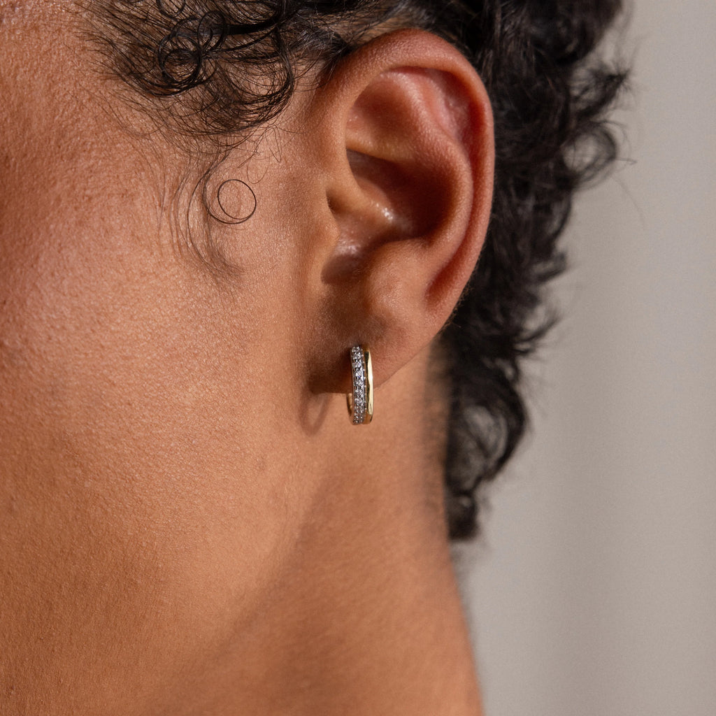Half Pave Huggies in Mixed Metal Silver 18K Gold Plated