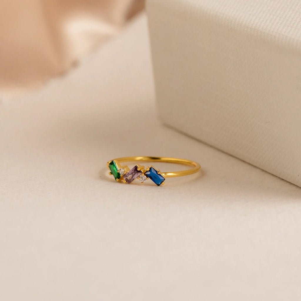 Baguette Cut Birthstone Ring Silver 18K Gold Plated