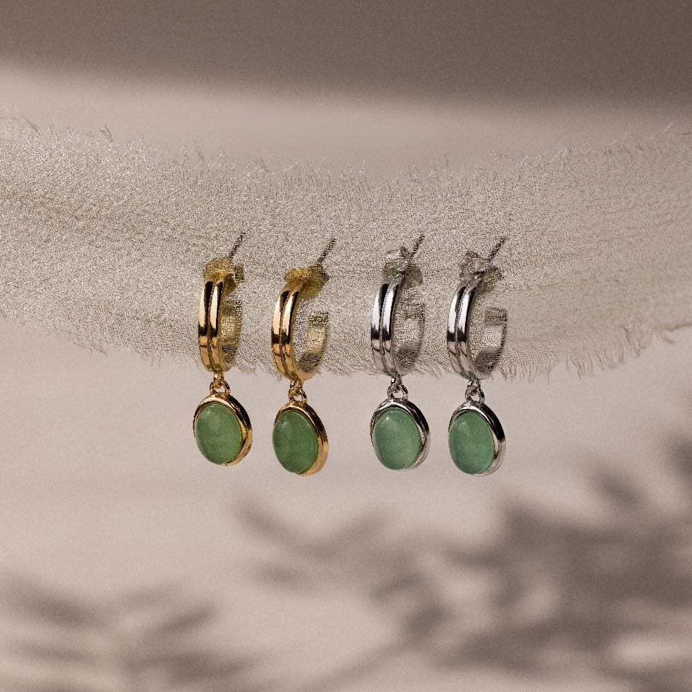 Jade Gemstone Drop Hoops Silver 18K Gold Plated