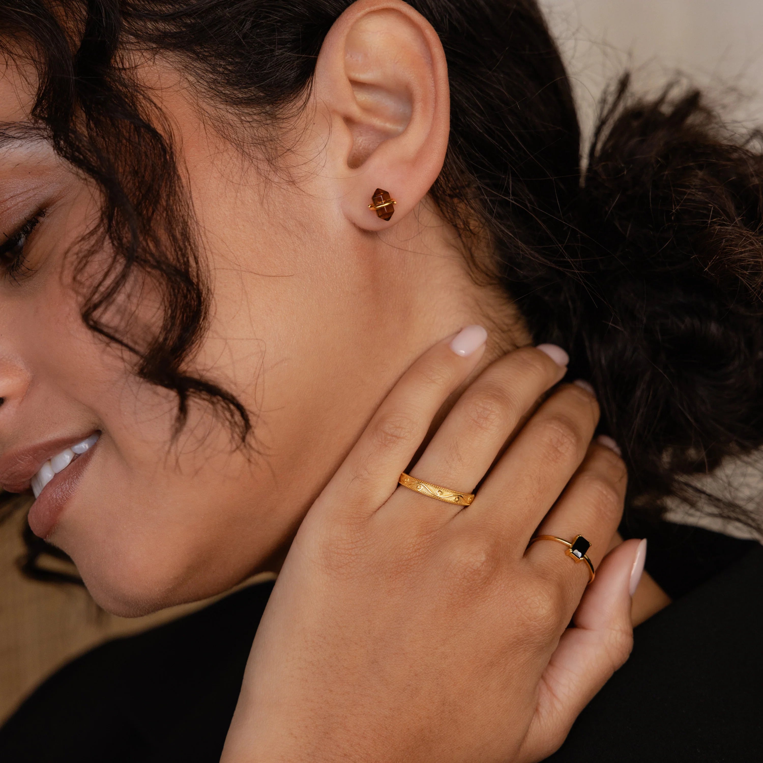 Smoky Quartz Glass Stones Studs Silver 18K Gold Plated