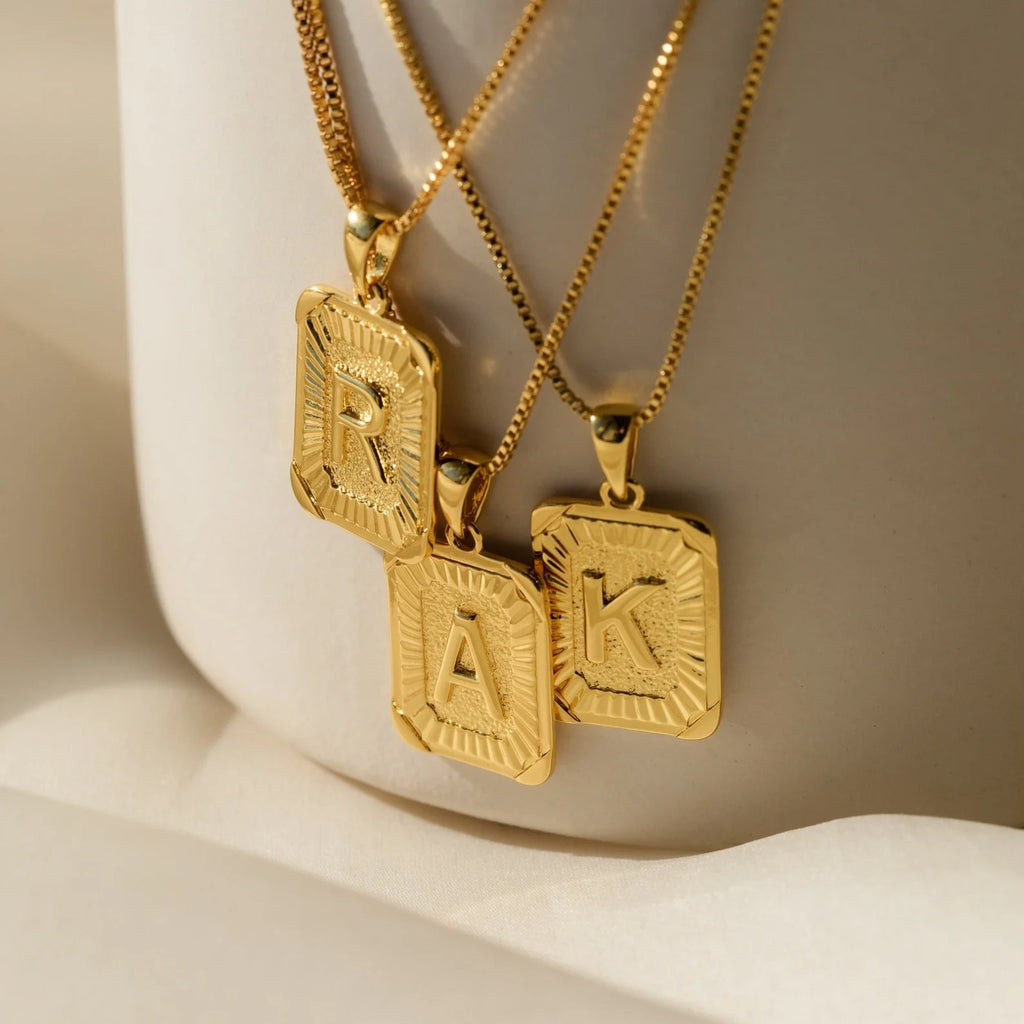 Initial Rectangle Pendant Necklace Silver 18K Gold Plated