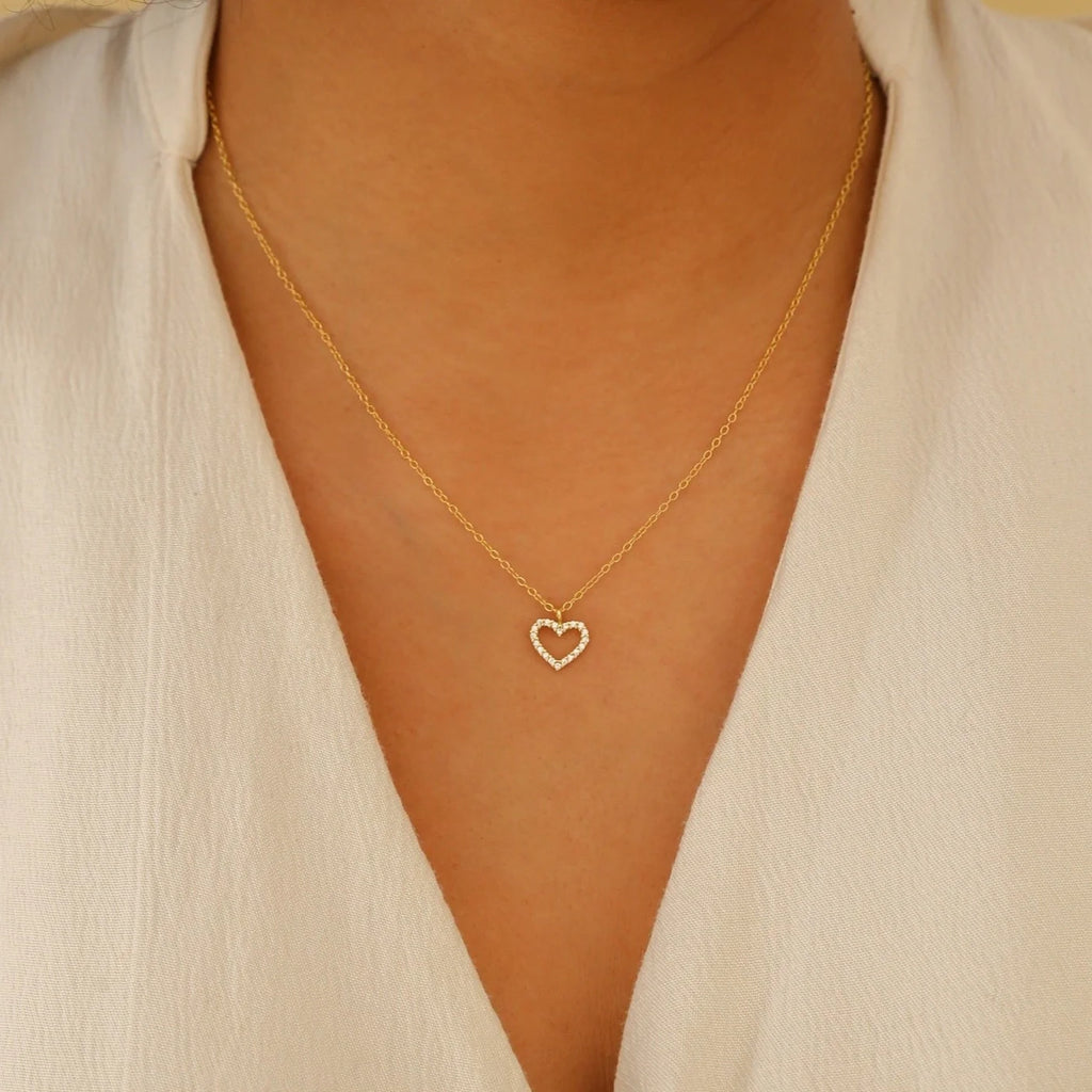 Pave Heart Charm Necklace Silver 18K Gold Plated