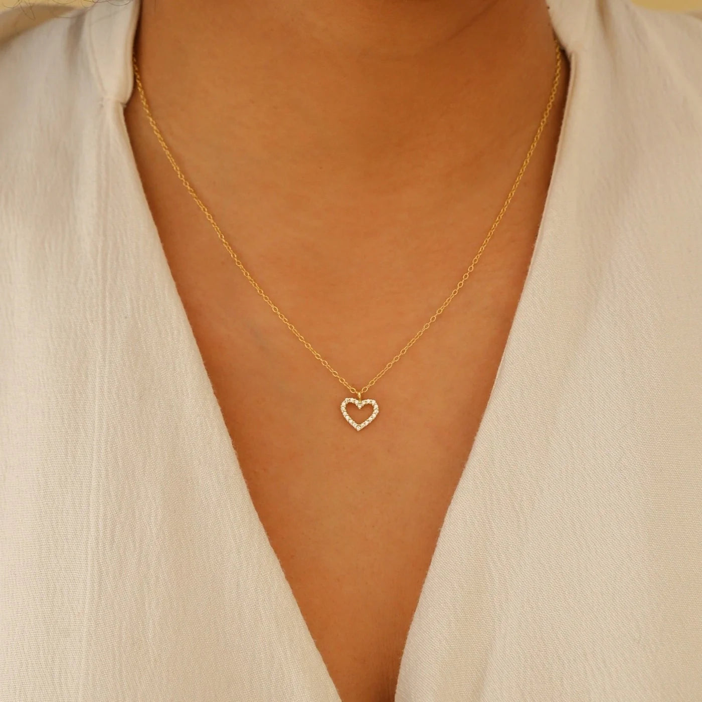 Pave Heart Charm Necklace Silver 18K Gold Plated