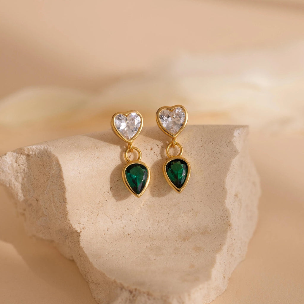 Emerald Heart Drop Studs Silver 18K Gold Plated