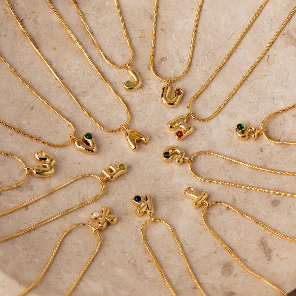 Gemstone Bubble Initial Necklace Silver 18K Gold Plated