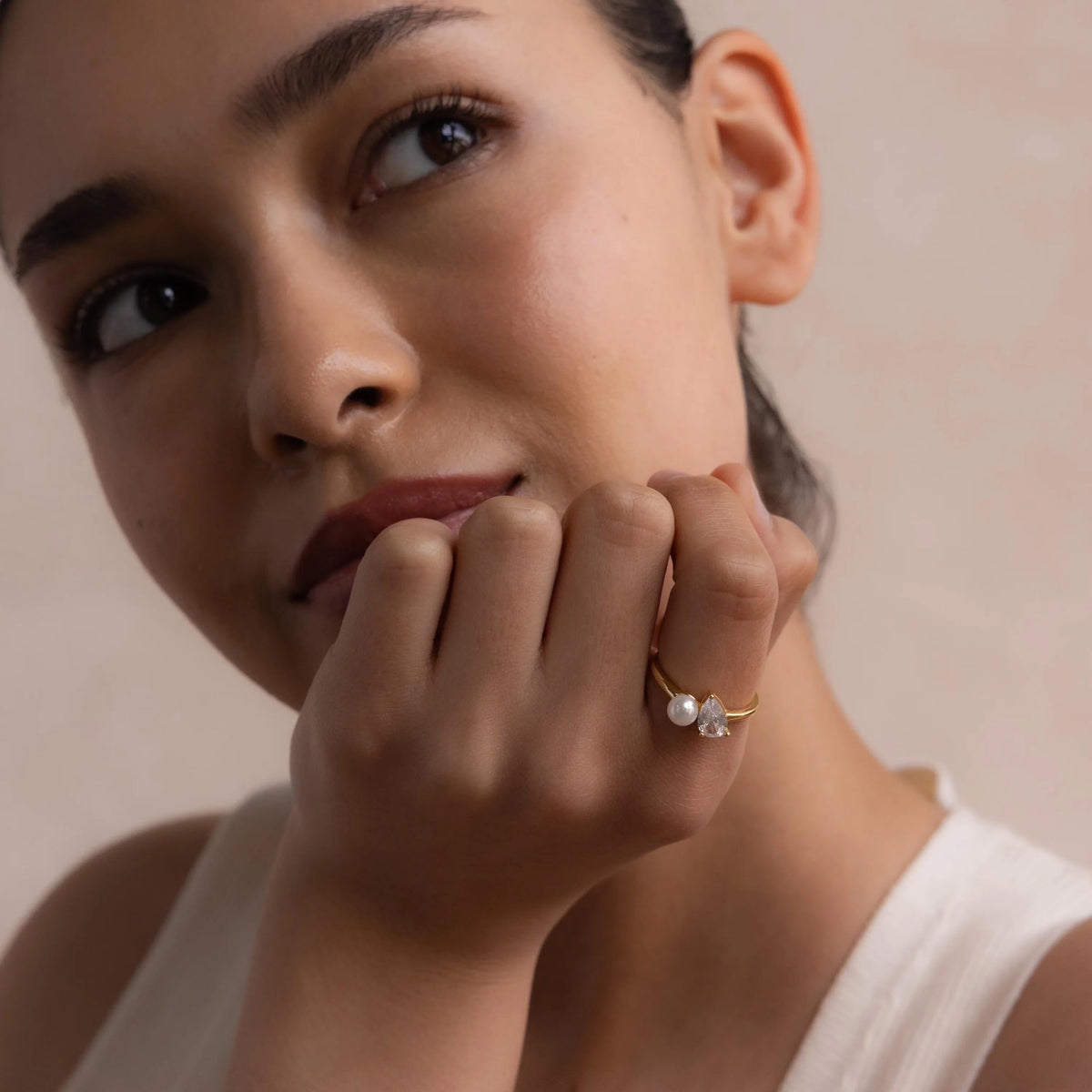 Pearl Diamond Ring Silver 18K Gold Plated
