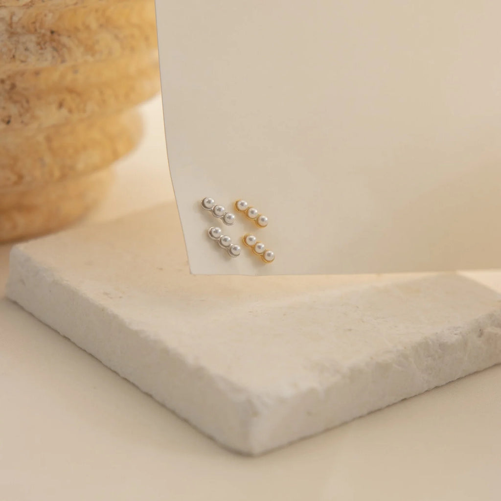 Tiny Pearl Bar Studs Silver 18K Gold Plated