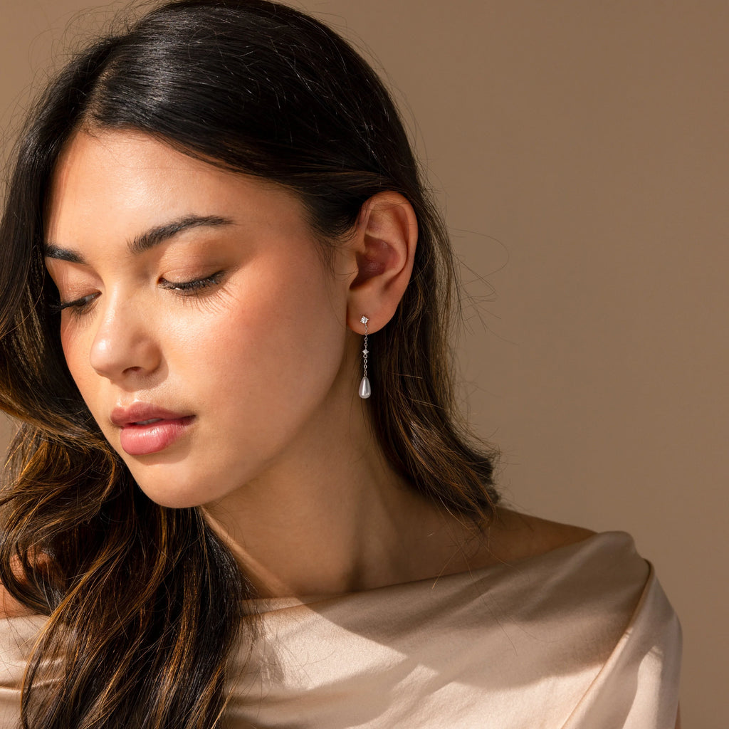 Diamond Pearl Chain Earrings Silver 18K Gold Plated