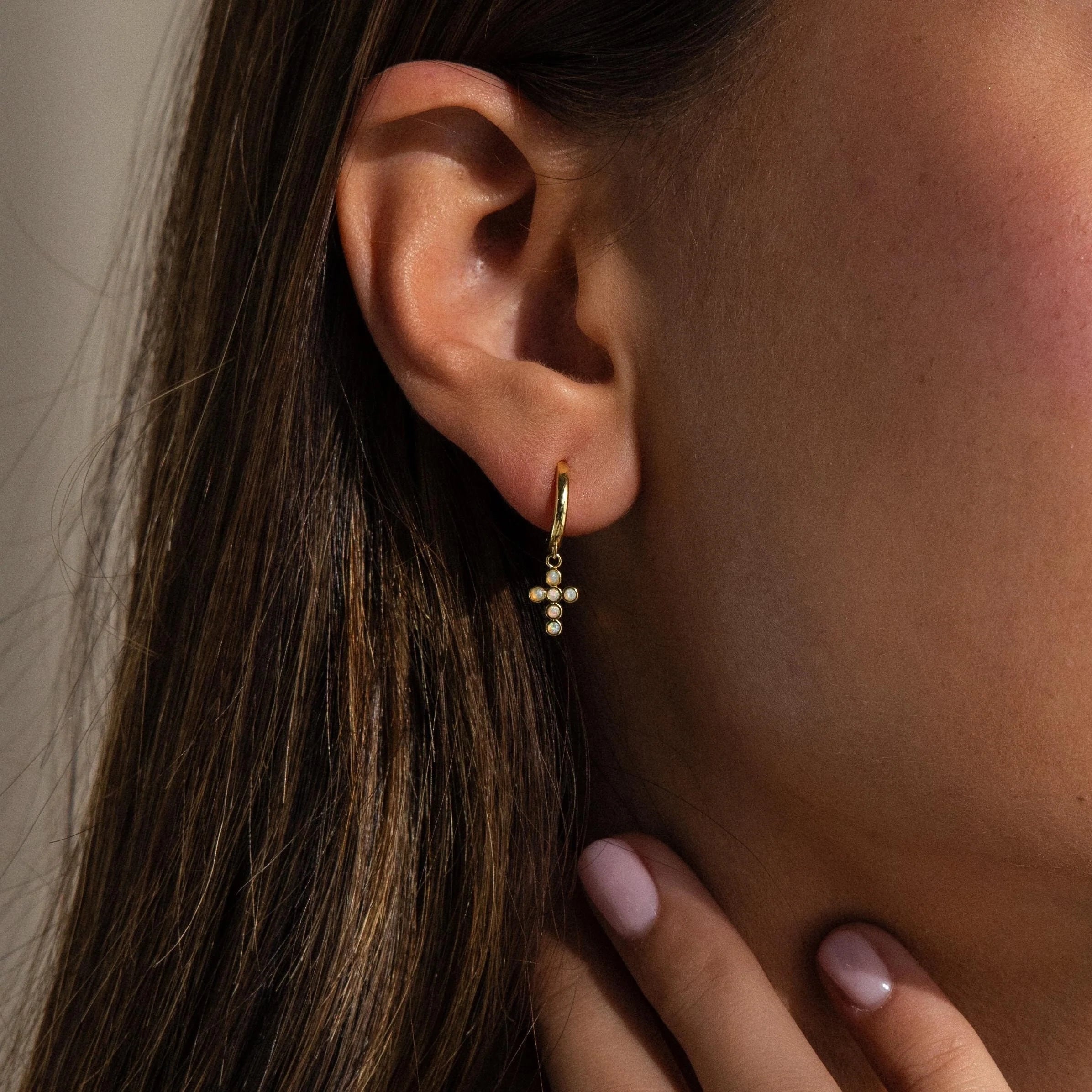 Opal Cross Huggies Silver 18K Gold Plated