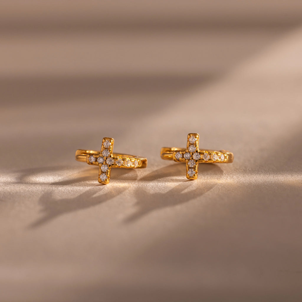 Diamond Cross Huggies Silver 18K Gold Plated