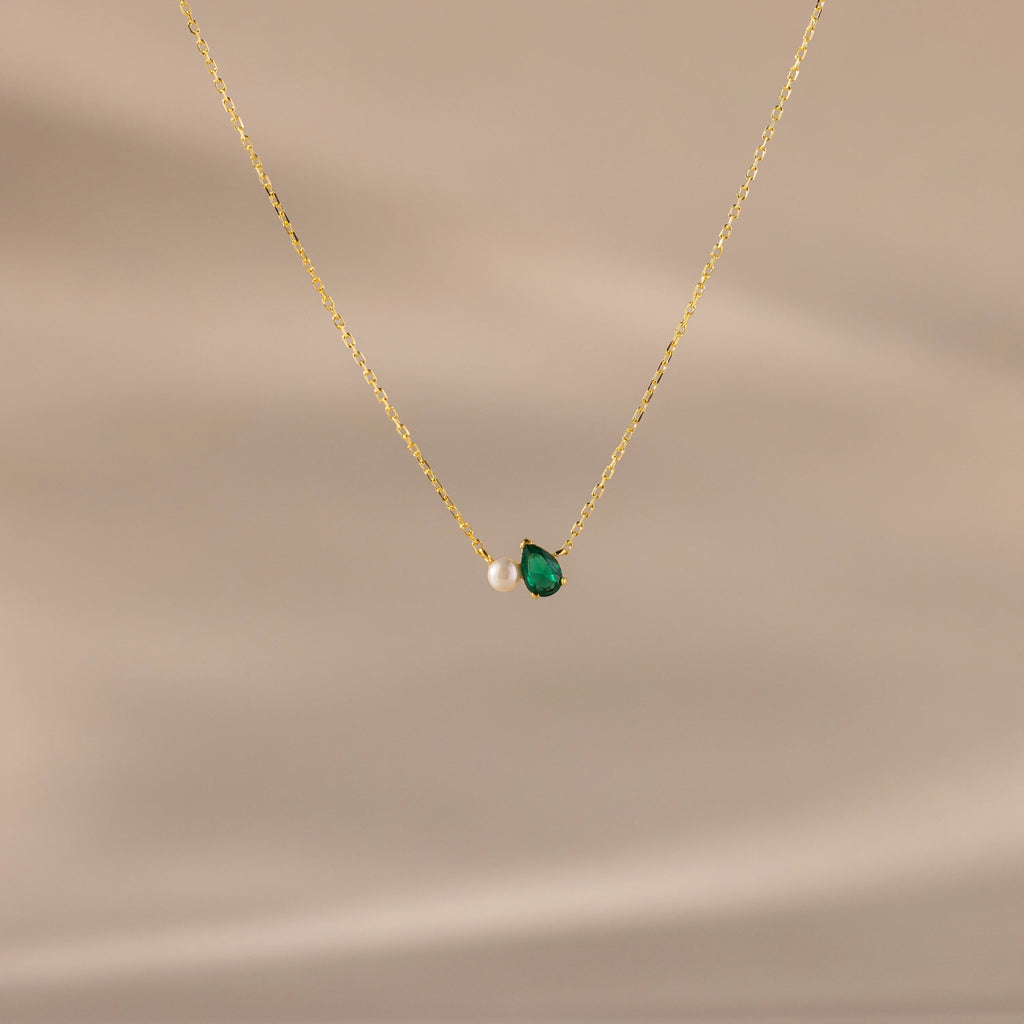 Teardrop Birthstone & Pearl Necklace Silver 18K Gold Plated