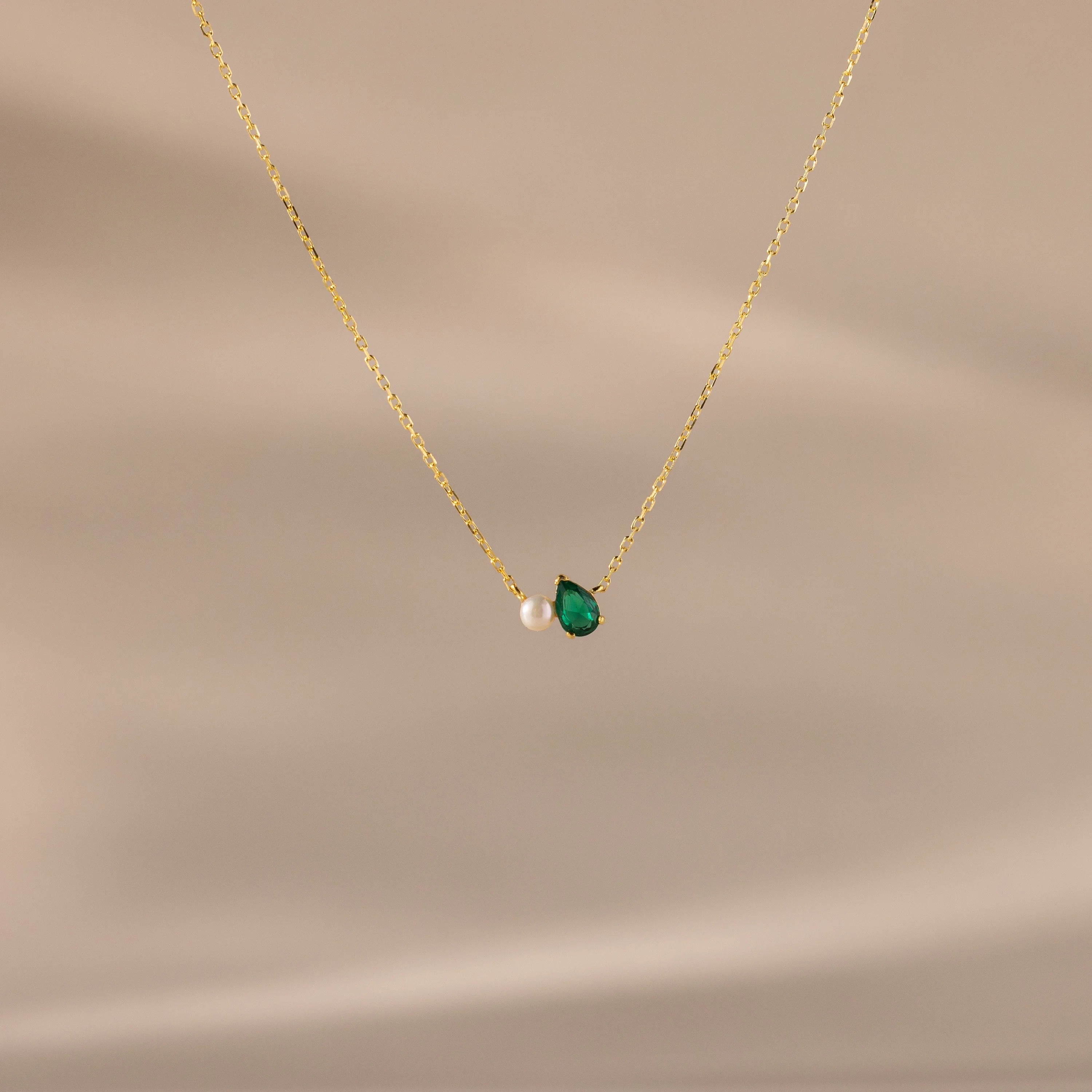 Teardrop Birthstone & Pearl Necklace Silver 18K Gold Plated
