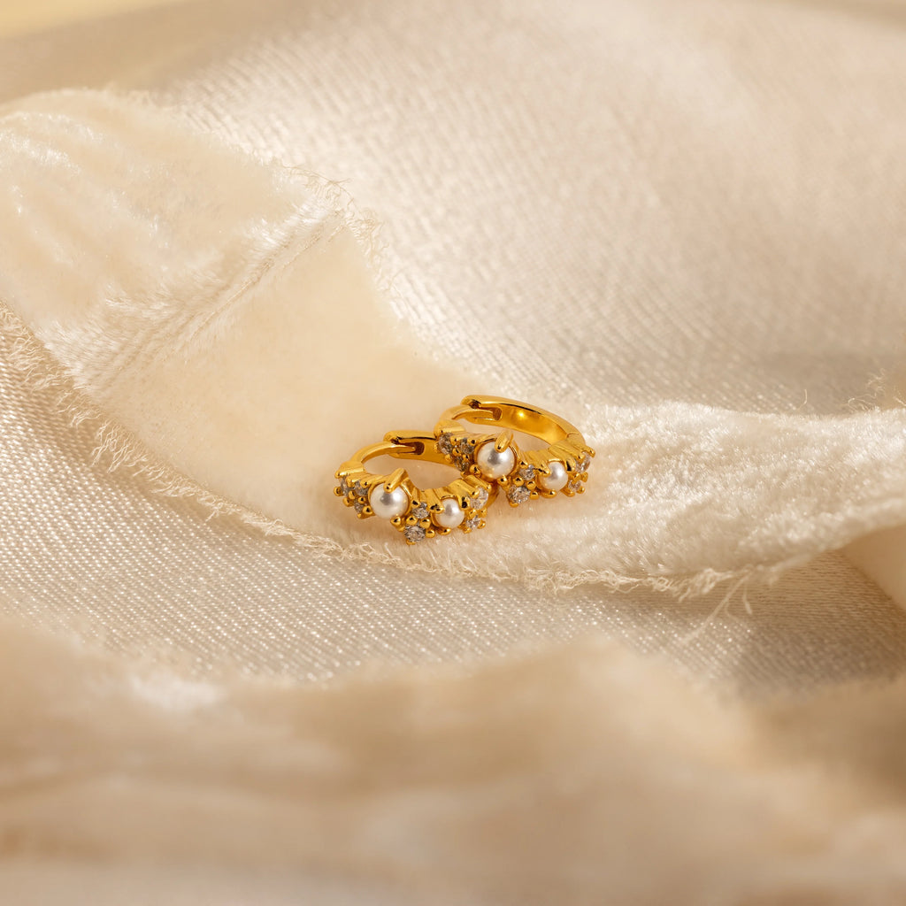 Diamond Pearl Cluster Huggies Silver 18K Gold Plated