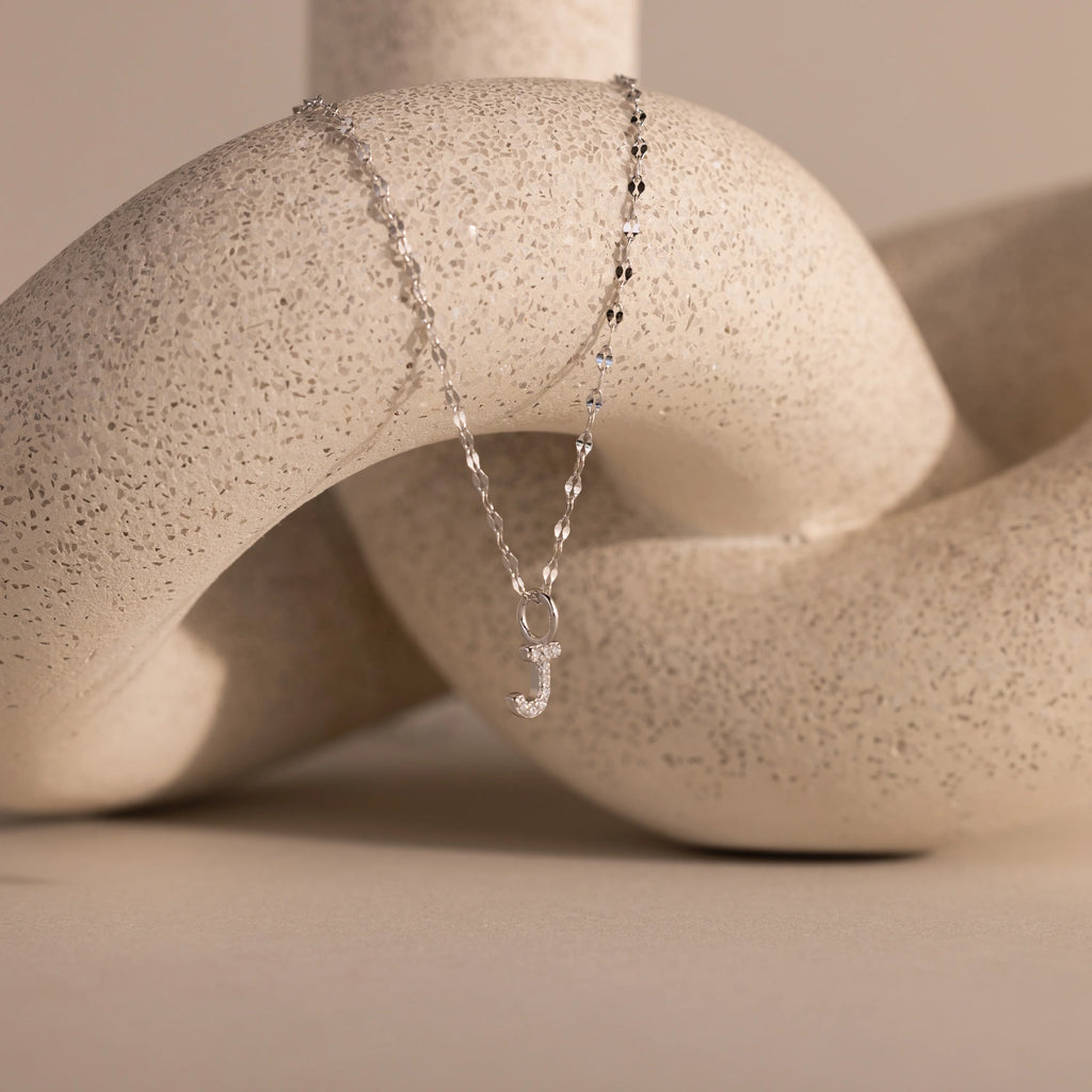 Dainty Pave Letter Necklace Silver 18K Gold Plated