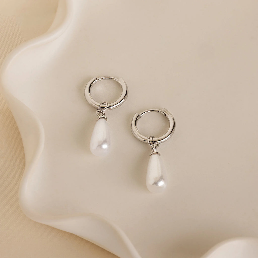 Dangling Pearl Huggies Silver 18K Gold Plated