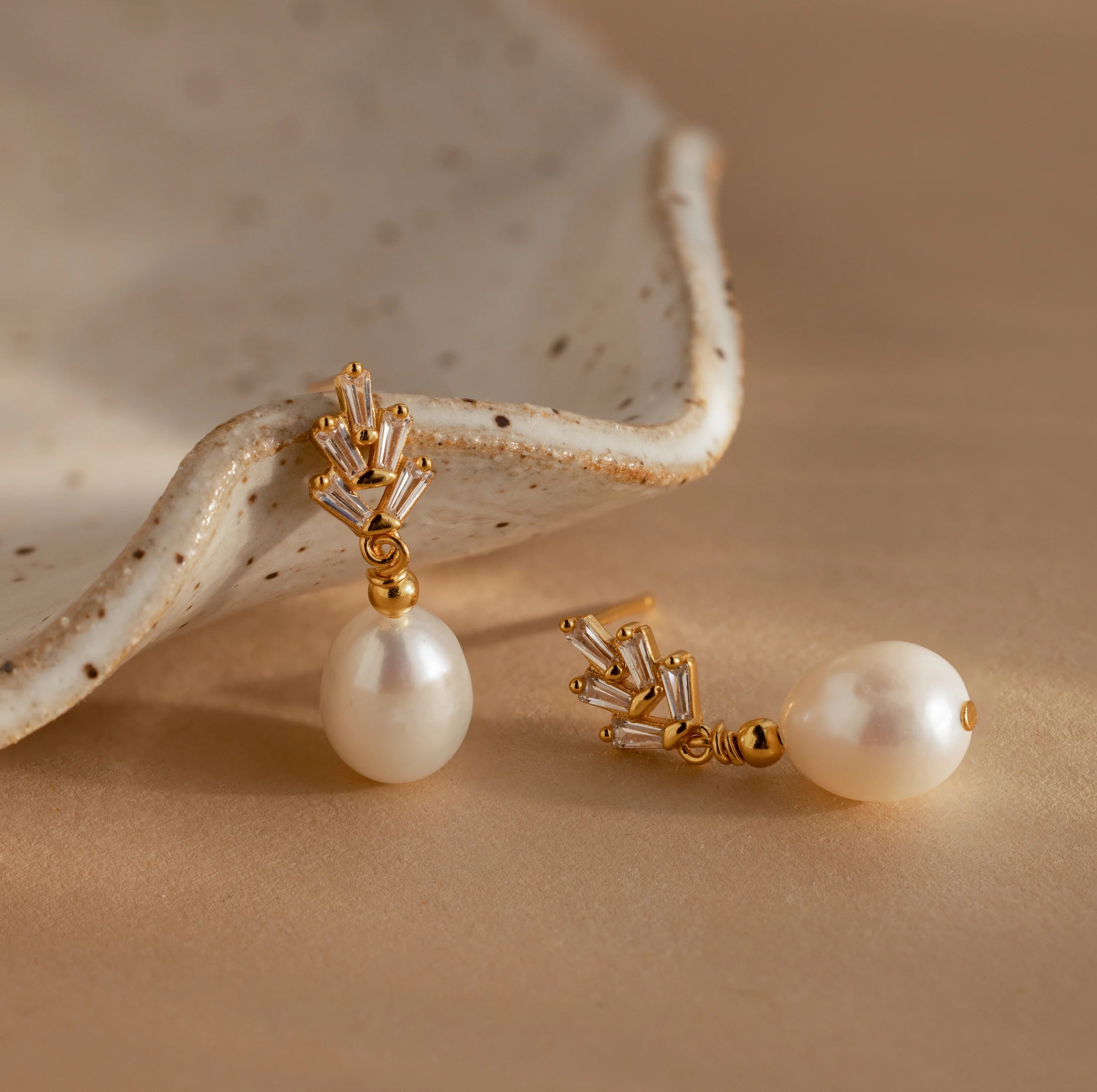 Pearl Diamond Drop Earrings Silver 18K Gold Plated