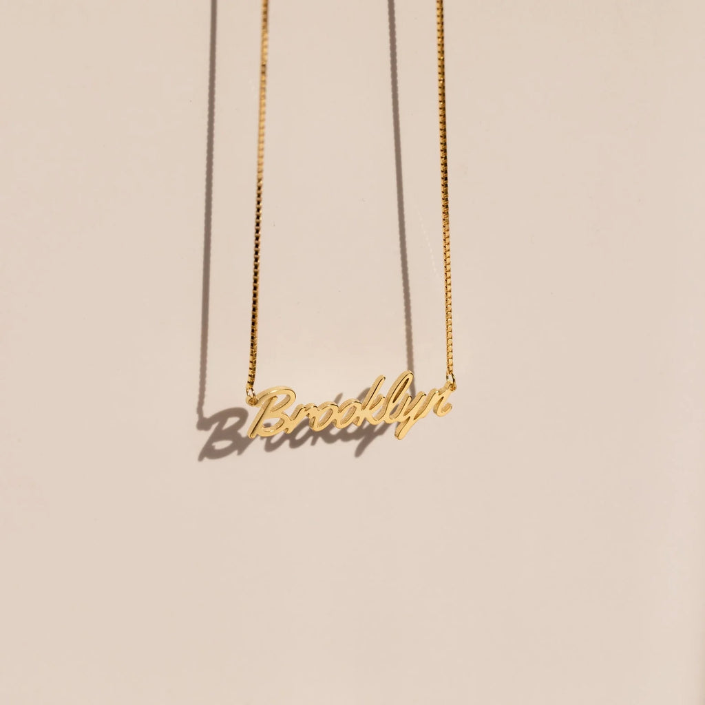 Casella Name Necklace in Box Chain  Silver 18K Gold Plated