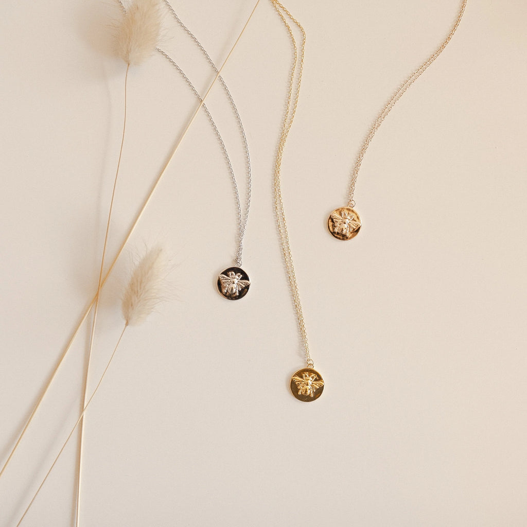 Bee Coin Necklace Silver 18K Gold Plated