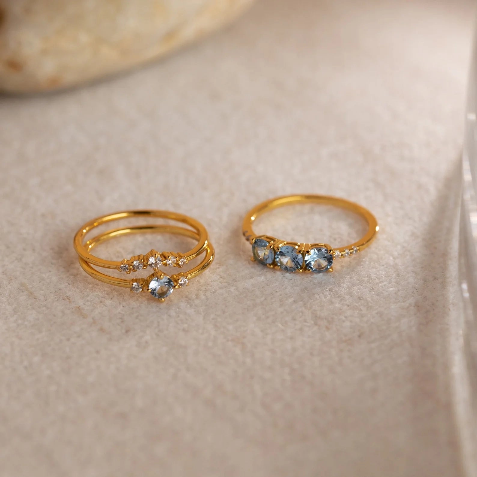 Aquamarine Stacking Ring Set Silver 18K Gold Plated