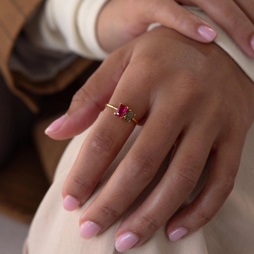 Toi et Moi Oval Birthstone Ring Silver 18K Gold Plated