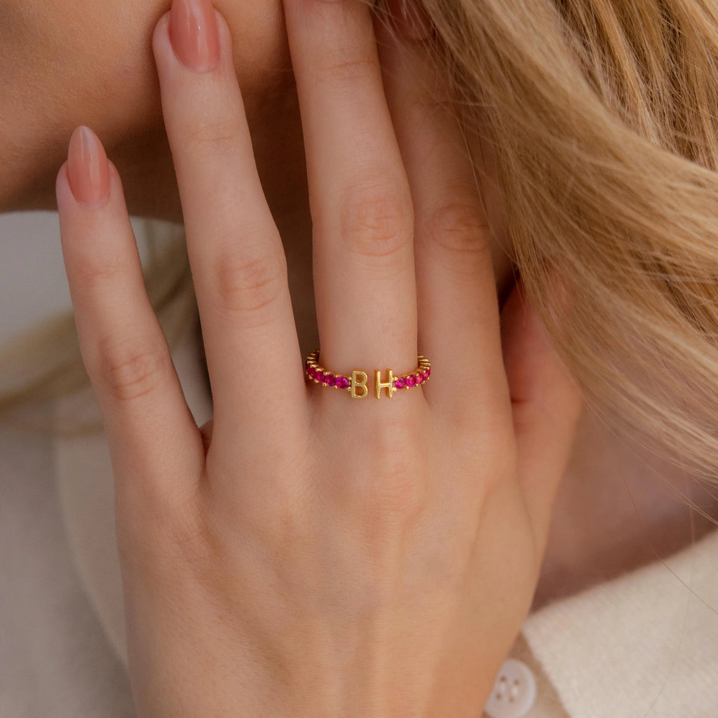 Blue Zircon Duo Initial Tennis Ring Silver 18K Gold Plated