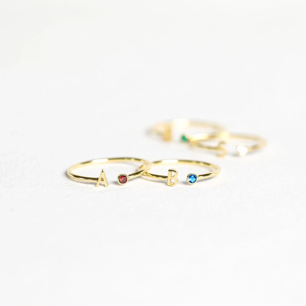 Modern Initial Birthstone Ring Silver 18K Gold Plated