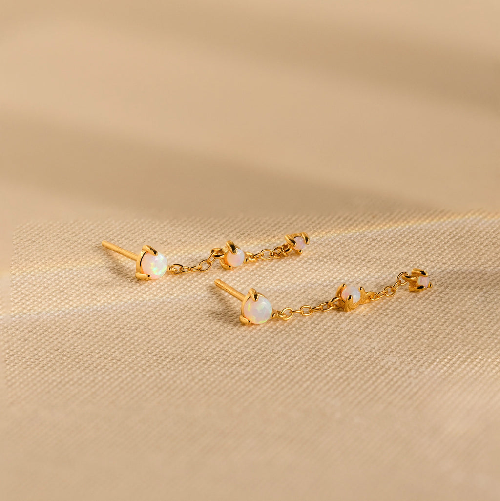 Opal Chain Drop Earrings Silver 18K Gold Plated