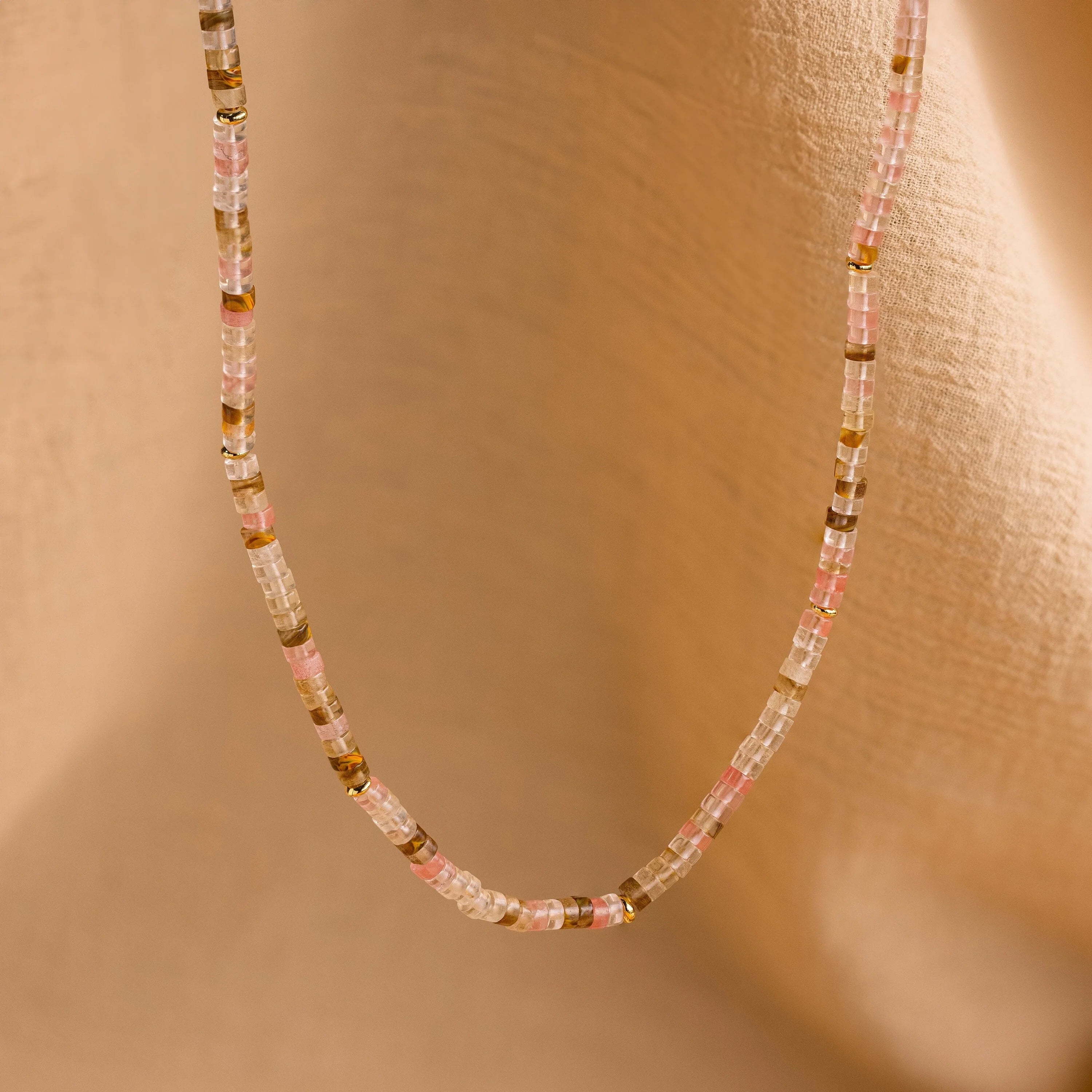 Rose Quartz Beaded Necklace Silver 18K Gold Plated