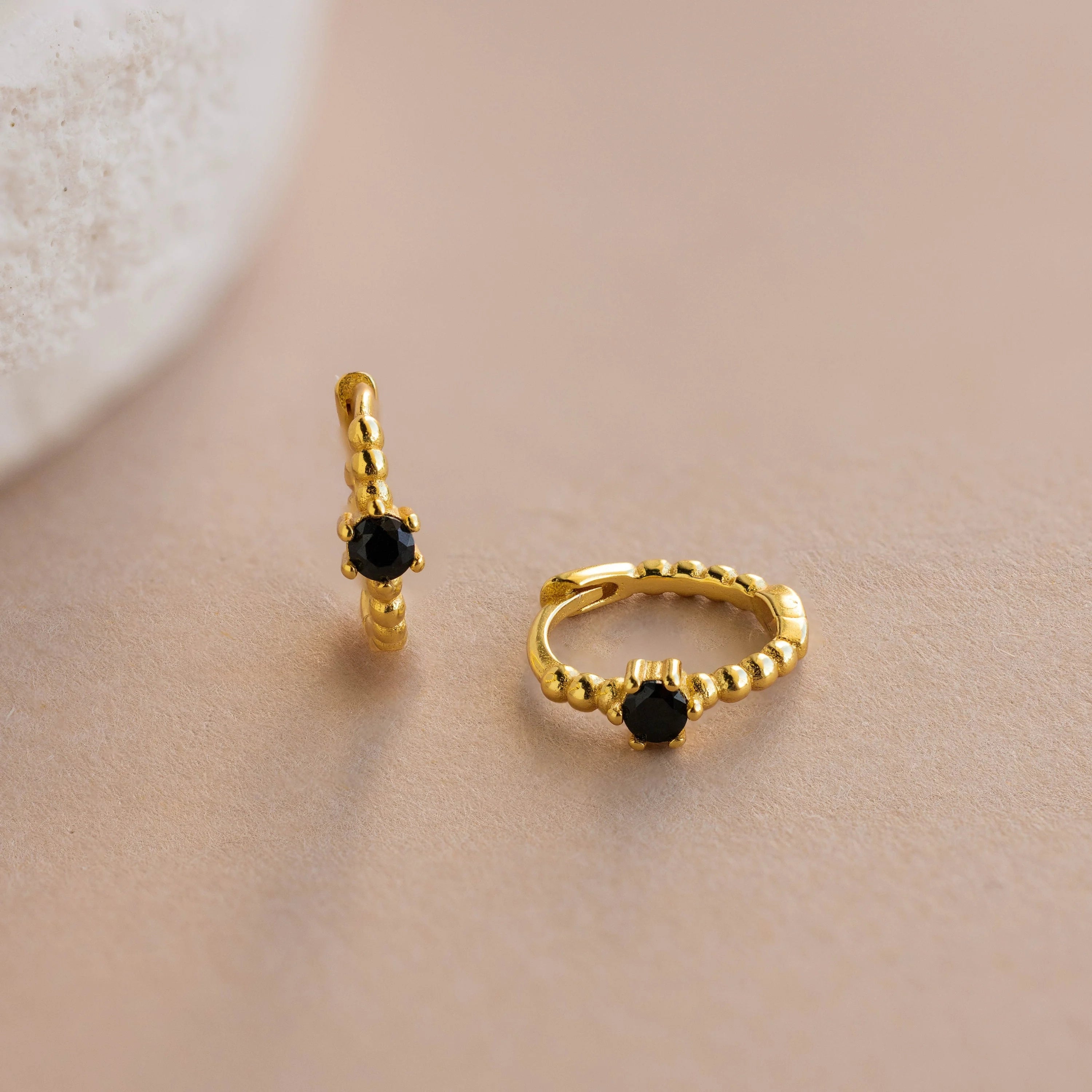 Onyx Beaded Huggies Silver 18K Gold Plated