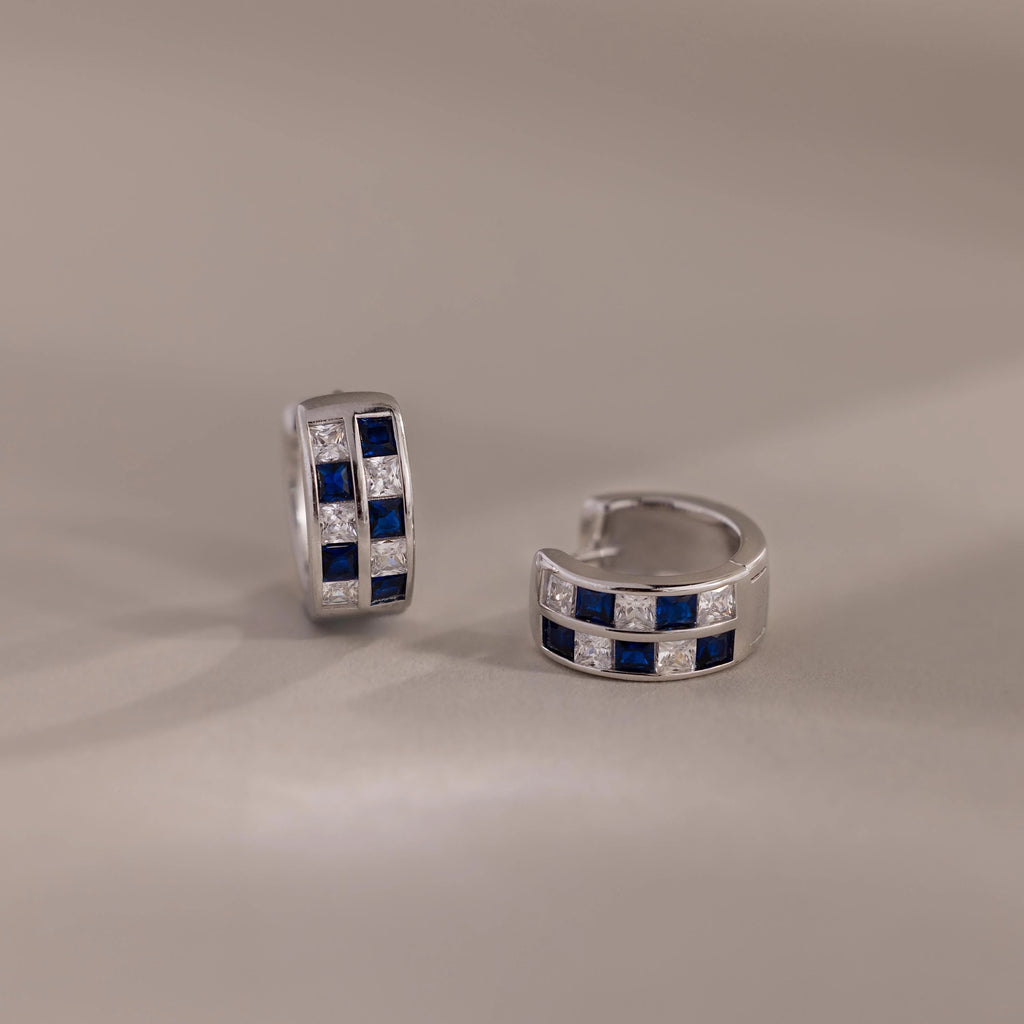 Royal Blue Checkered Huggies Silver 18K Gold Plated