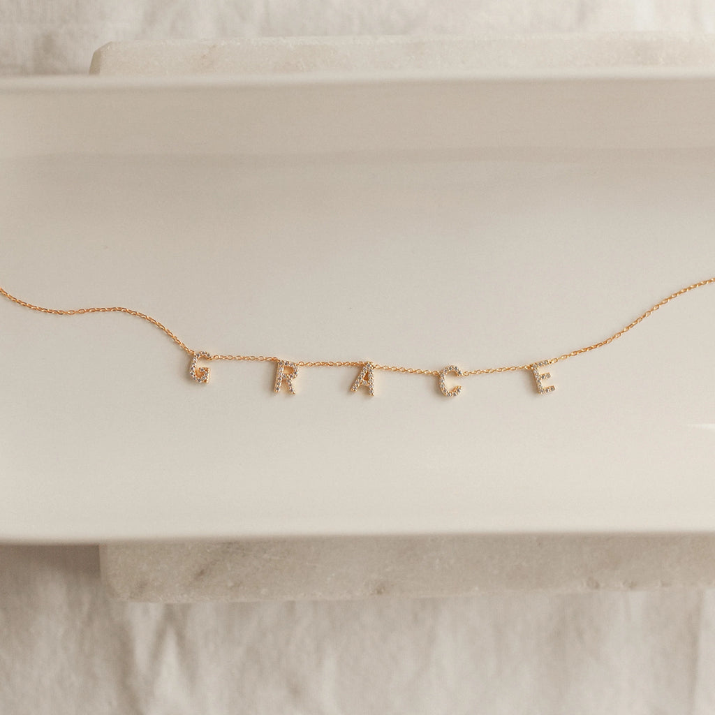 Pave Letter Necklace Silver 18K Gold Plated