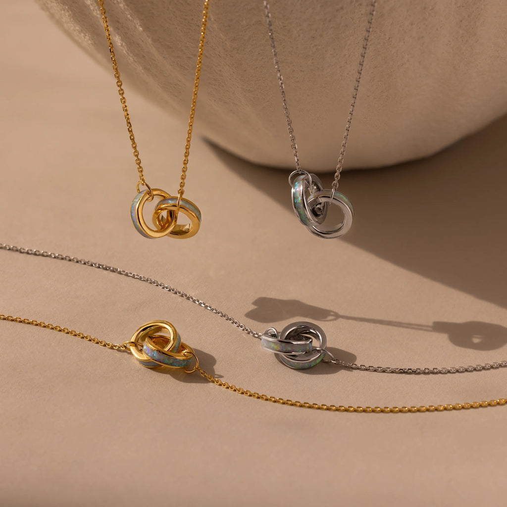 Interlocking Opal Inlay Necklace and Bracelet Set Silver 18K Gold Plated