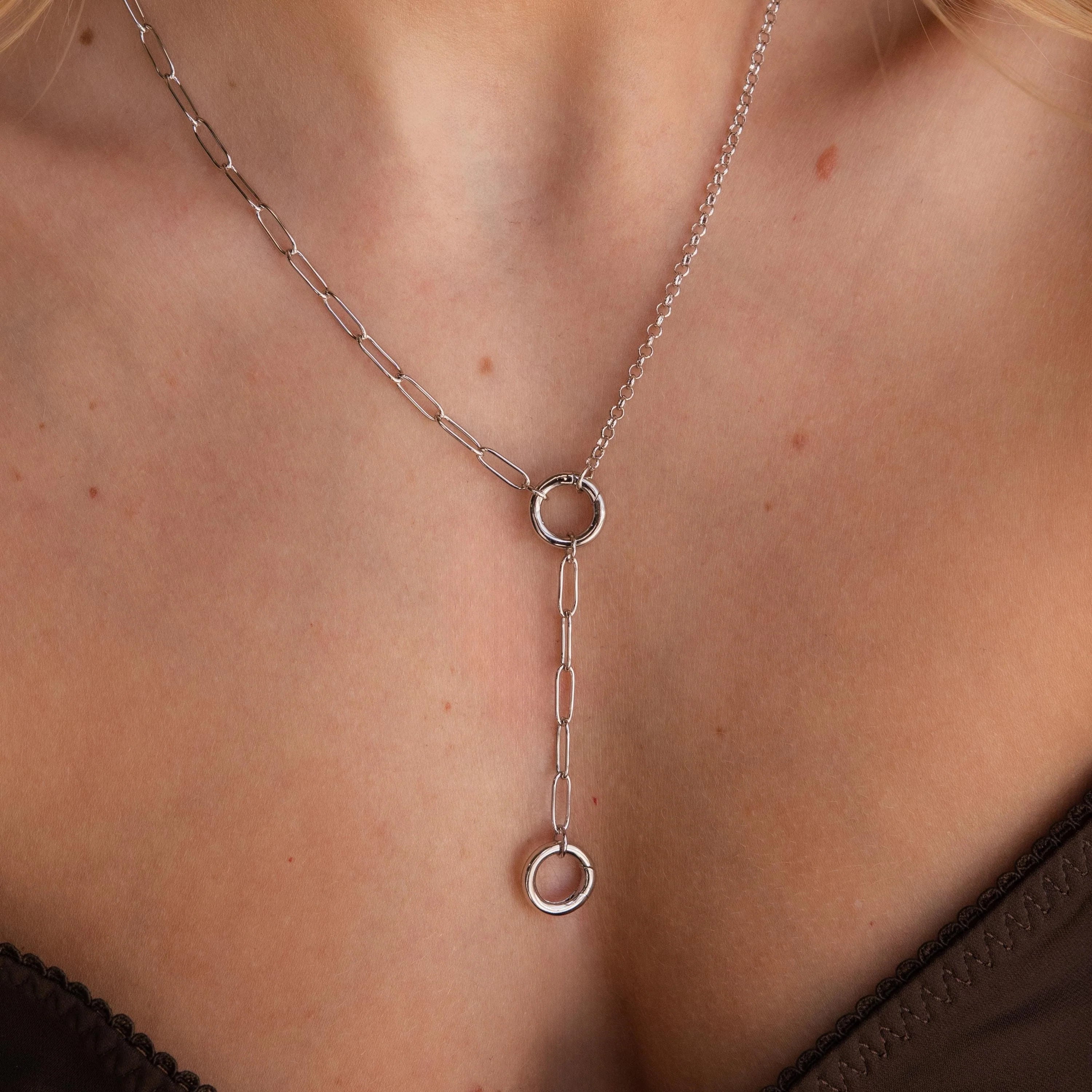 Rolo Lariat Paperclip Clasp Necklace Silver 18K Gold Plated